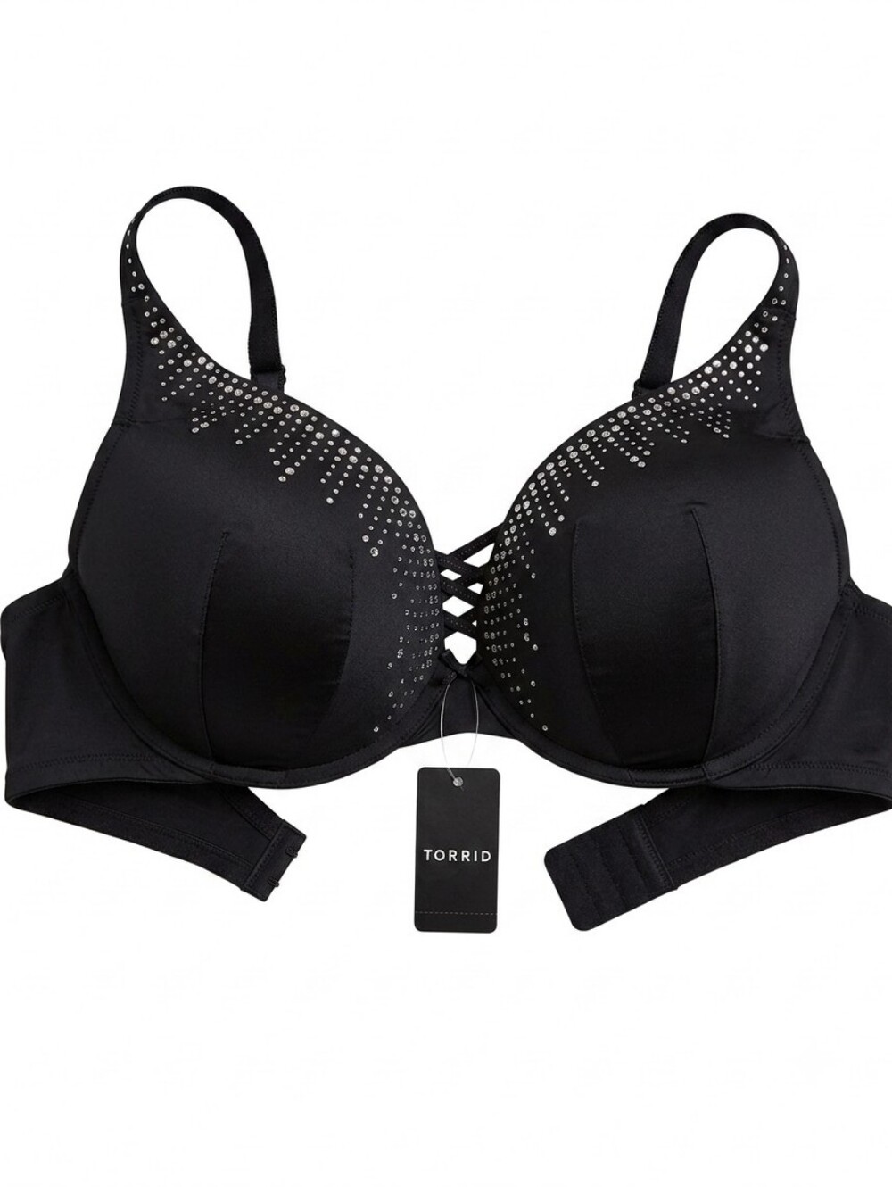 #164 Torrid 44C XO Plunge Push Up High Apex Diamante Straight Back Bra